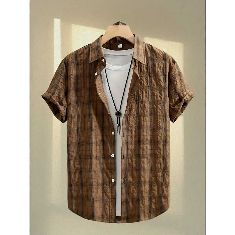 Meeste nööpidega särk sportlikuks kasutamiseks, polüester, ruuduline muster, lühikesed varrukad, suvi