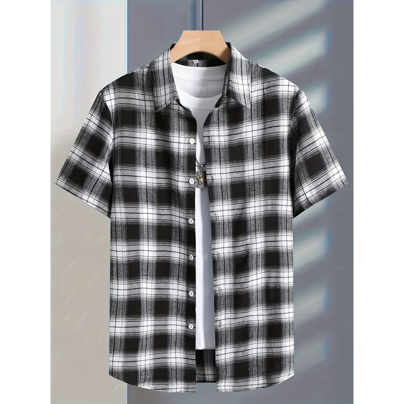 Meeste nööpidega särk sportlikuks kasutamiseks, polüester, ruuduline muster, lühikesed varrukad, suvi