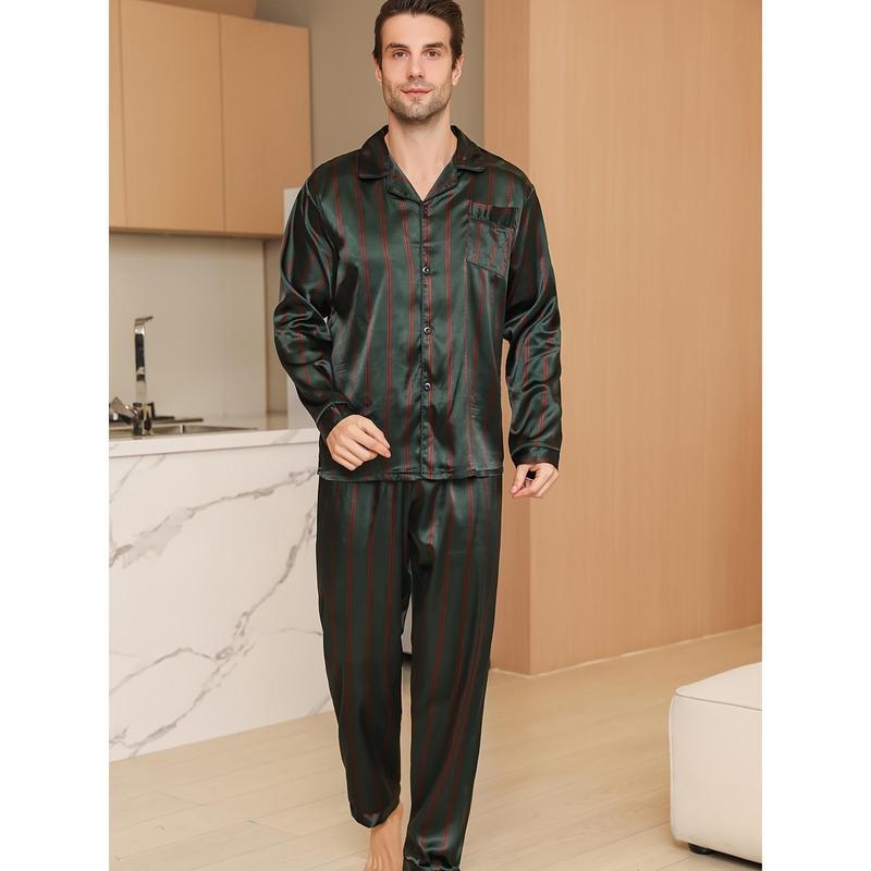 Meeste triibuline nailonist pidžaamase komplekt pikkade varrukatega topi ja pükstega – 100% nailon; kevad; premium tunne; välja lastud enne 2014