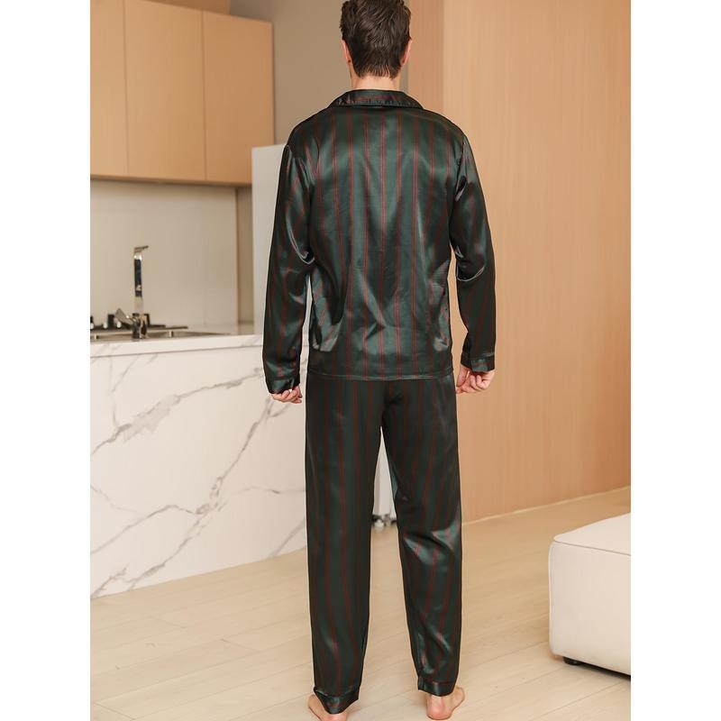Meeste triibuline nailonist pidžaamase komplekt pikkade varrukatega topi ja pükstega – 100% nailon; kevad; premium tunne; välja lastud enne 2014