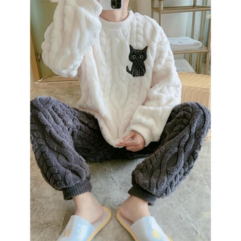 Meeste pidžaama komplekt karikatüürikassi trükiga, puuvill, poolepealne fliis, ümmarguse kaelusega