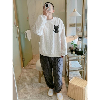 Meeste pidžaama komplekt karikatüürikassi trükiga, puuvill, poolepealne fliis, ümmarguse kaelusega