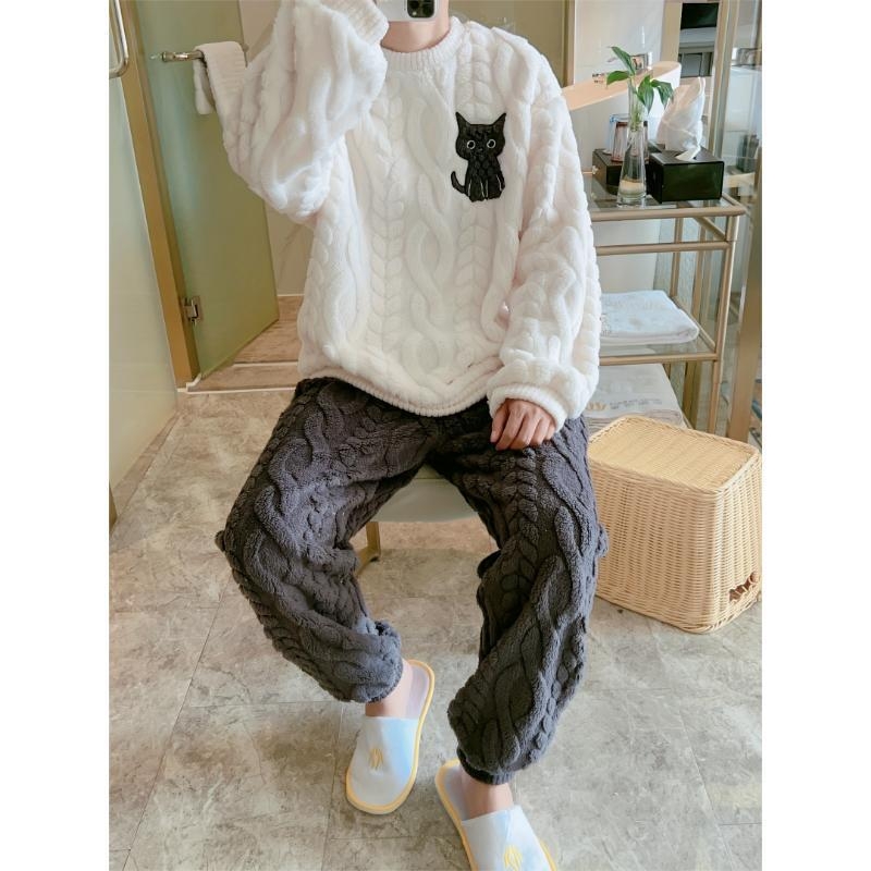 Meeste pidžaama komplekt karikatüürikassi trükiga, puuvill, poolepealne fliis, ümmarguse kaelusega