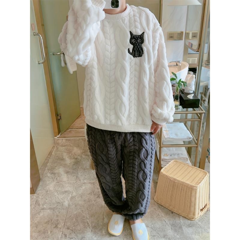 Meeste pidžaama komplekt karikatüürikassi trükiga, puuvill, poolepealne fliis, ümmarguse kaelusega