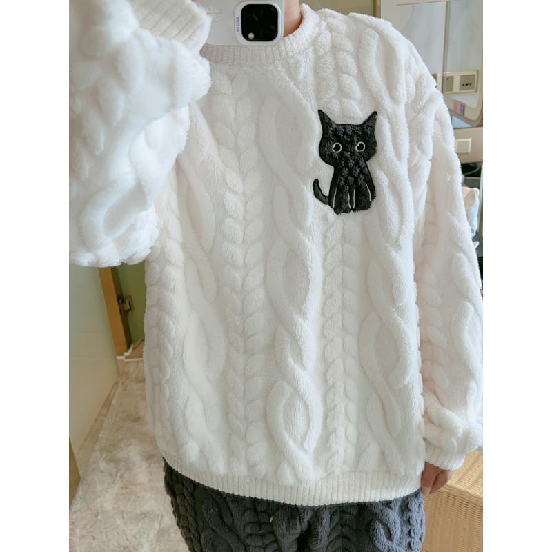 Meeste pidžaama komplekt karikatüürikassi trükiga, puuvill, poolepealne fliis, ümmarguse kaelusega