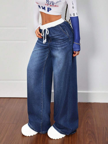 Naistele patchwork denim püksid, keskmise talje, vaba sirge lõikega, pikad püksid, kortsuvabad