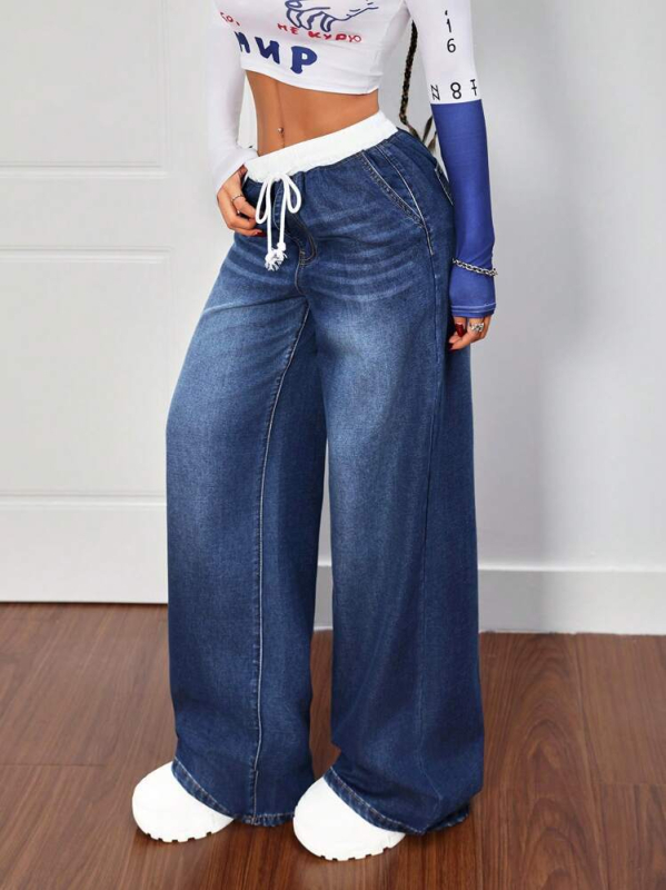 Naistele patchwork denim püksid, keskmise talje, vaba sirge lõikega, pikad püksid, kortsuvabad