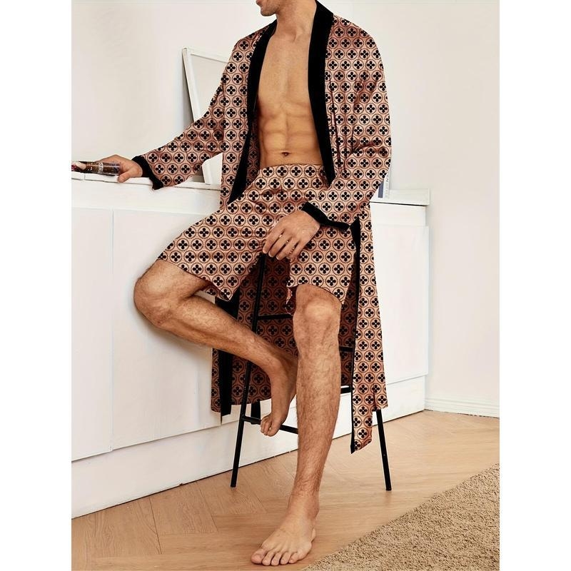 Meeste ööriietuste komplekt täis trükiga, V-kaeluse detail ja nööri detail (Puuvill; Half-edge Trim; Karikatuuristiil; Kevad 2025)