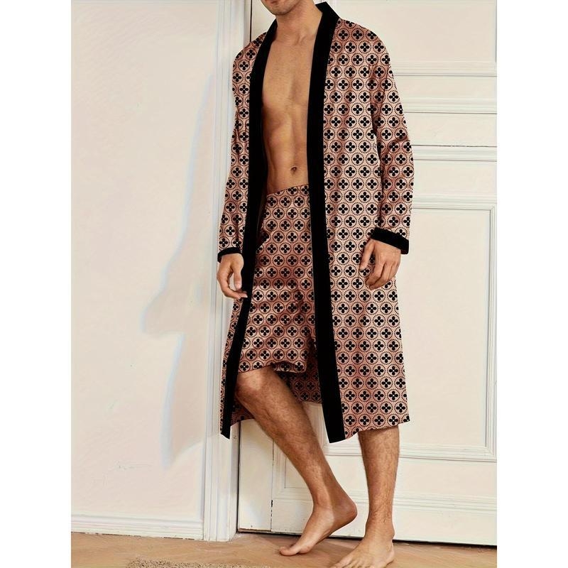 Meeste ööriietuste komplekt täis trükiga, V-kaeluse detail ja nööri detail (Puuvill; Half-edge Trim; Karikatuuristiil; Kevad 2025)