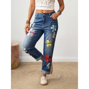 Naiste sirge lõikega teksad, lilleõmblus taskutel, fleece vooder, polüestri segu, nööriga sulgemine