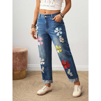 Naiste sirge lõikega teksad, lilleõmblus taskutel, fleece vooder, polüestri segu, nööriga sulgemine