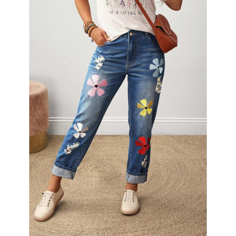 Naiste sirge lõikega teksad, lilleõmblus taskutel, fleece vooder, polüestri segu, nööriga sulgemine