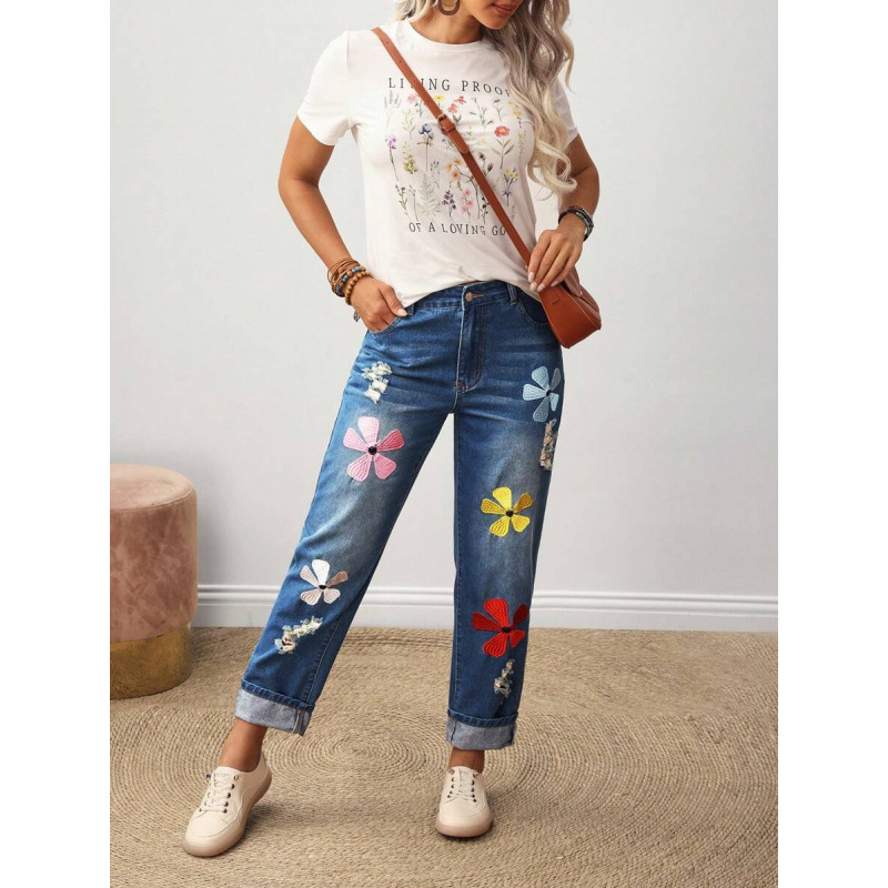 Naiste sirge lõikega teksad, lilleõmblus taskutel, fleece vooder, polüestri segu, nööriga sulgemine