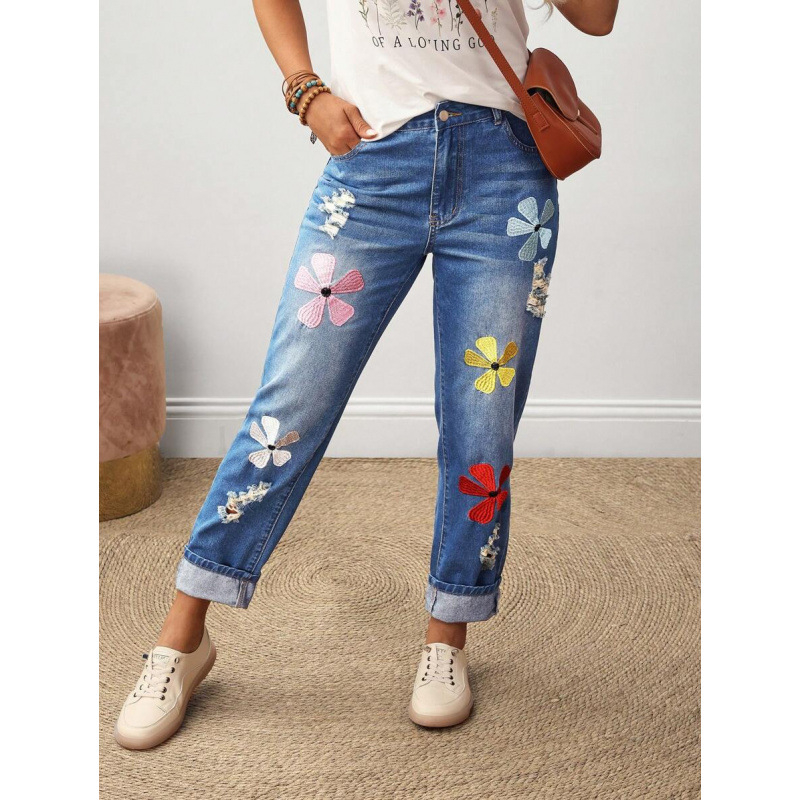 Naiste sirge lõikega teksad, lilleõmblus taskutel, fleece vooder, polüestri segu, nööriga sulgemine