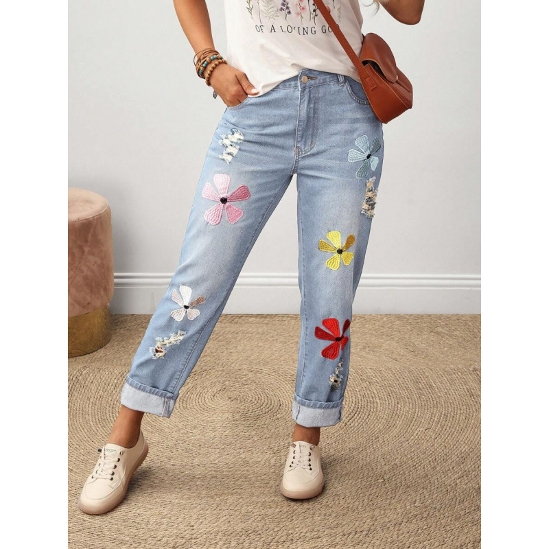 Naiste sirge lõikega teksad, lilleõmblus taskutel, fleece vooder, polüestri segu, nööriga sulgemine