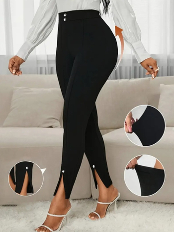 Igapäevased püksid, kõrge vöökohaga, kitsas lõige, lõhestusega helm ja pärlidega detailidega, polüester-elastaan segu, pikad püksid