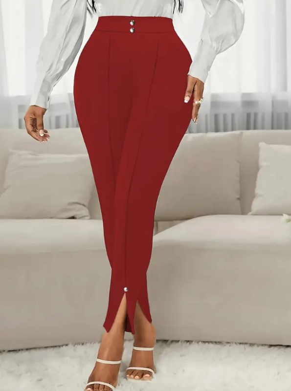 Igapäevased püksid, kõrge vöökohaga, kitsas lõige, lõhestusega helm ja pärlidega detailidega, polüester-elastaan segu, pikad püksid