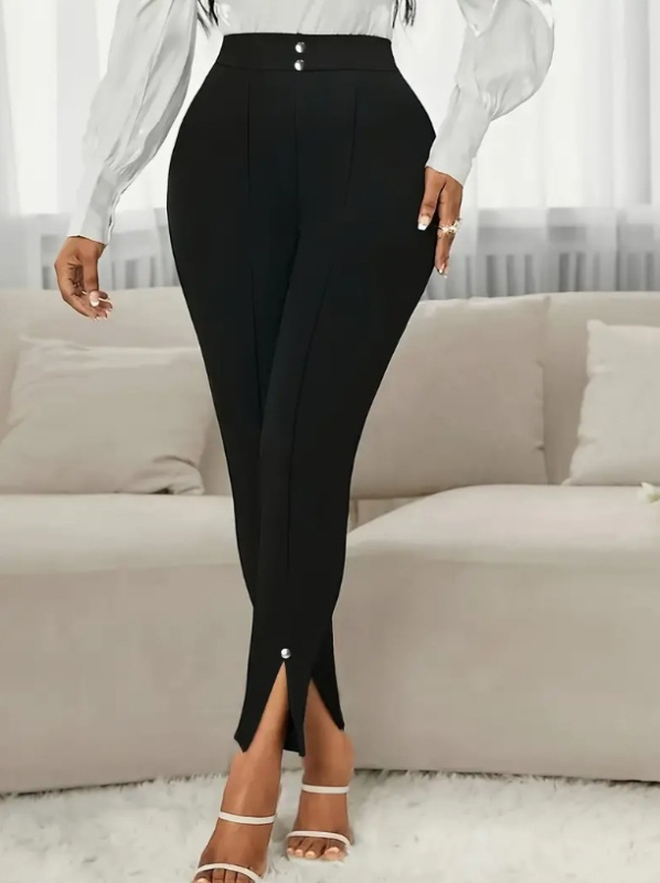 Igapäevased püksid, kõrge vöökohaga, kitsas lõige, lõhestusega helm ja pärlidega detailidega, polüester-elastaan segu, pikad püksid