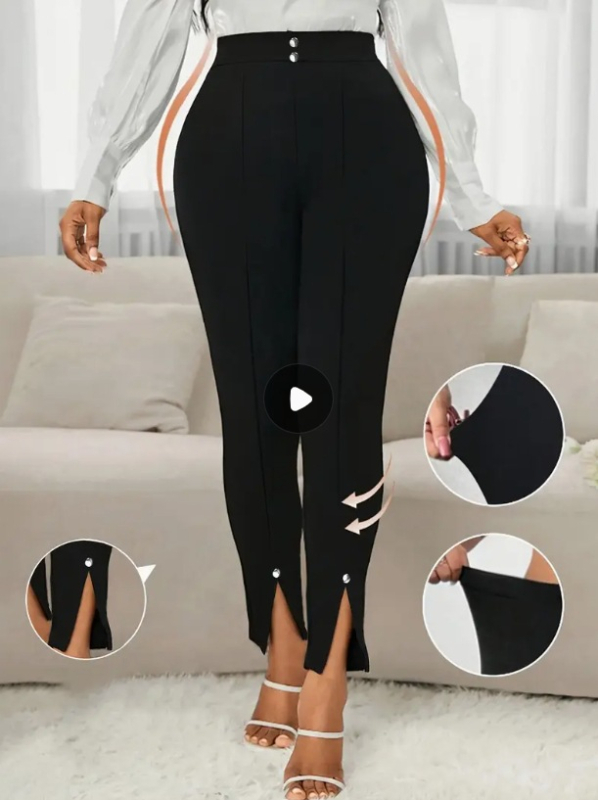 Igapäevased püksid, kõrge vöökohaga, kitsas lõige, lõhestusega helm ja pärlidega detailidega, polüester-elastaan segu, pikad püksid