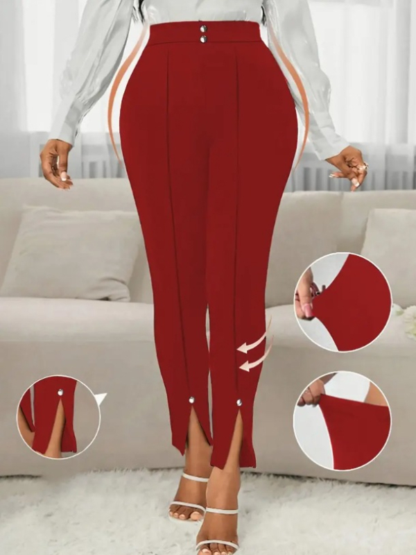 Igapäevased püksid, kõrge vöökohaga, kitsas lõige, lõhestusega helm ja pärlidega detailidega, polüester-elastaan segu, pikad püksid