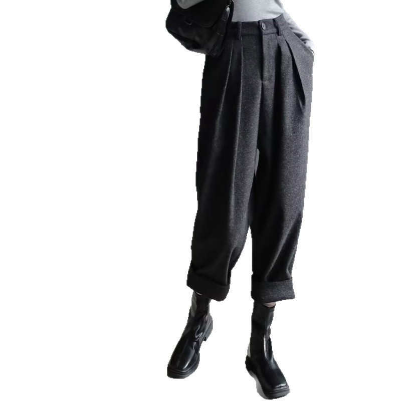 Harem-püksid villase kangaga, laiad, 9/10 pikkus, looduslik vöökoht, linnaline stiil