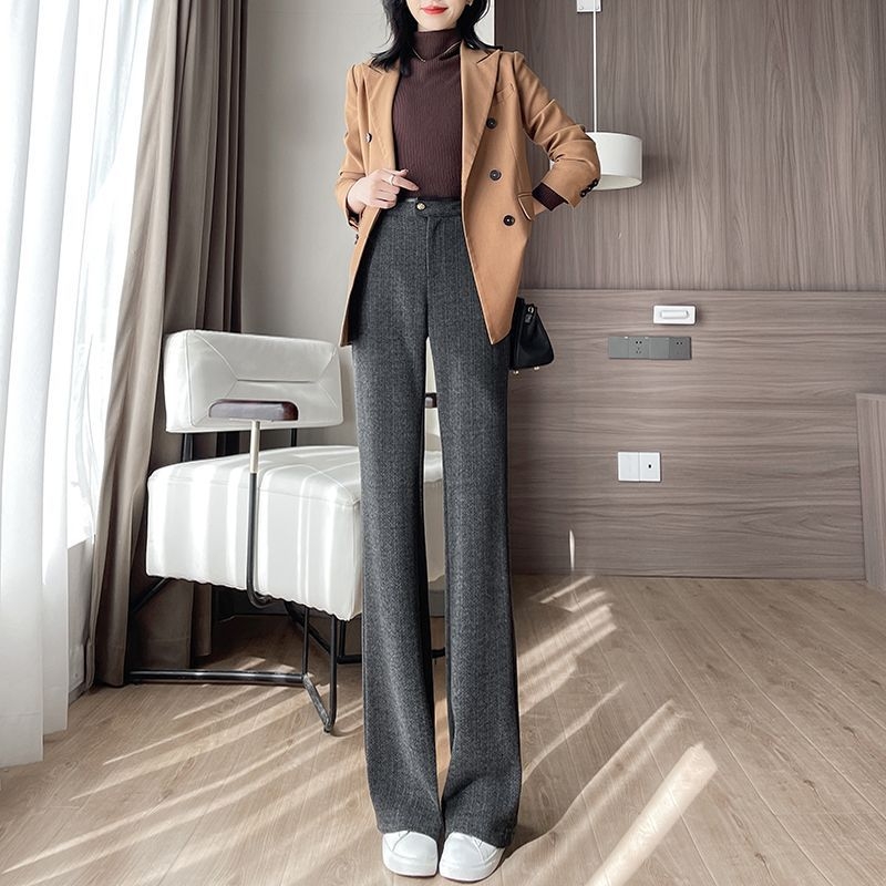 Naiste villased Microflare püksid, herringbone muster, kõrge vöökoht, pikad