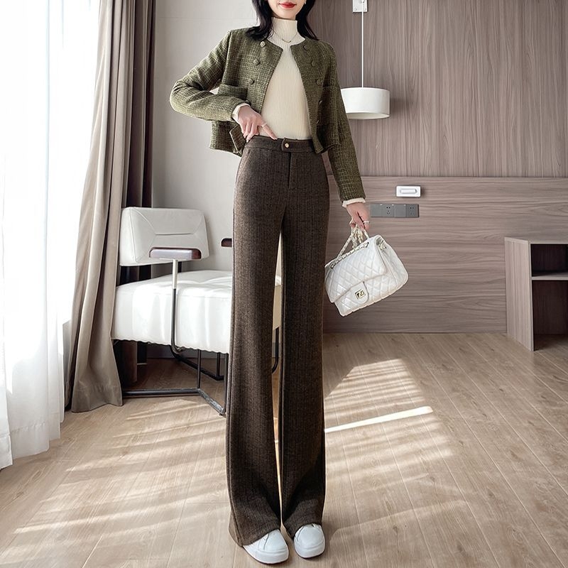 Naiste villased Microflare püksid, herringbone muster, kõrge vöökoht, pikad