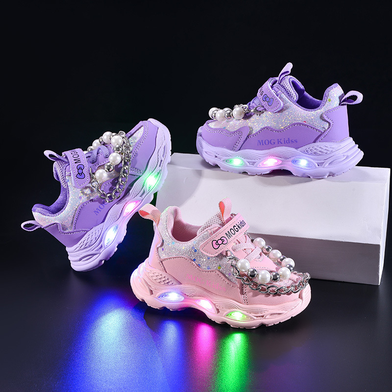 Laste valgustatud kingad pärlketiga, printsessi stiil, Velcro sulgemine, pehme tald, karikatuurimuster, 4–6 aastat, kevad-sügis