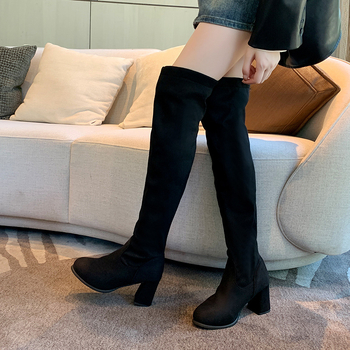 Naiste moodne veluurist ülemisega üle põlve saapad, paks kand, ümmarguse varba, tagant paeltega