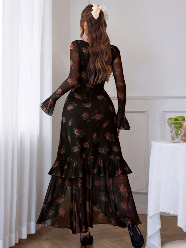 Leopardi print, A-line kleit ruudukujulise kaelusega ja pikkade varrukatega, pikk kleit