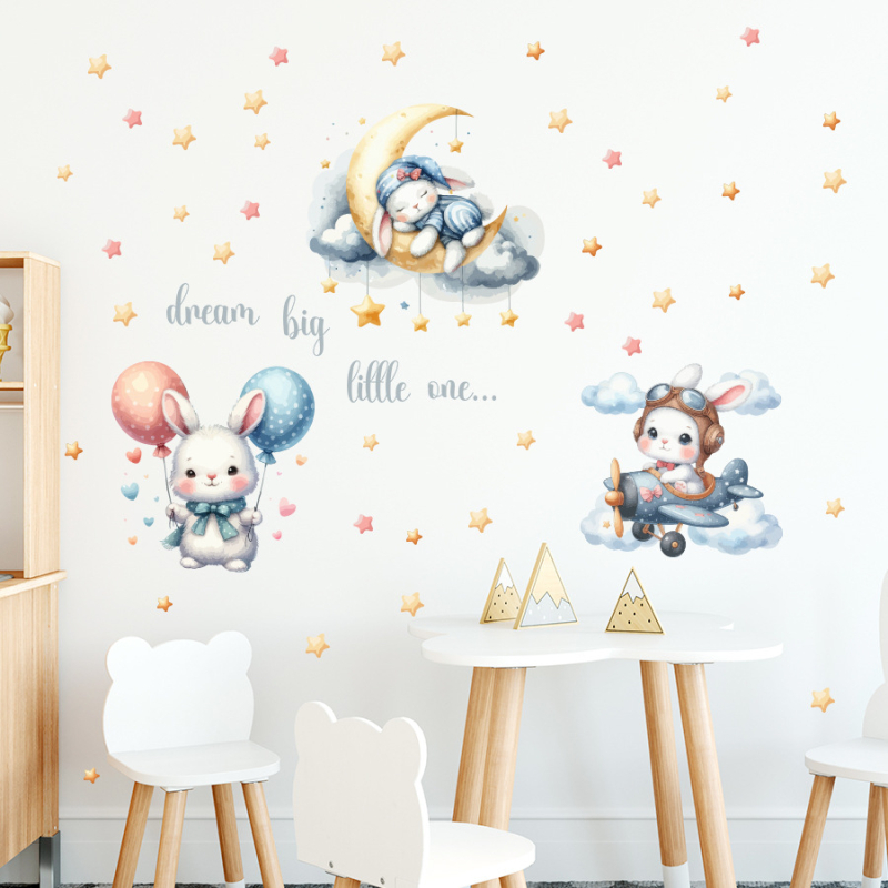 BR1142E Seina kleepuv dekoratiivne kleeps karikatuuride motiividega, armas jänku – beebitoa jaoks – PVC; Dekoratiivne eesmärk; Karikatuur muster; 1 tükk; Ruumid: elamine, magamistuba, sisenemine