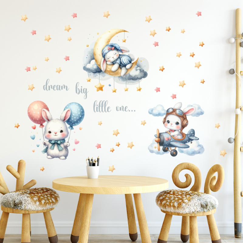 BR1142E Seina kleepuv dekoratiivne kleeps karikatuuride motiividega, armas jänku – beebitoa jaoks – PVC; Dekoratiivne eesmärk; Karikatuur muster; 1 tükk; Ruumid: elamine, magamistuba, sisenemine