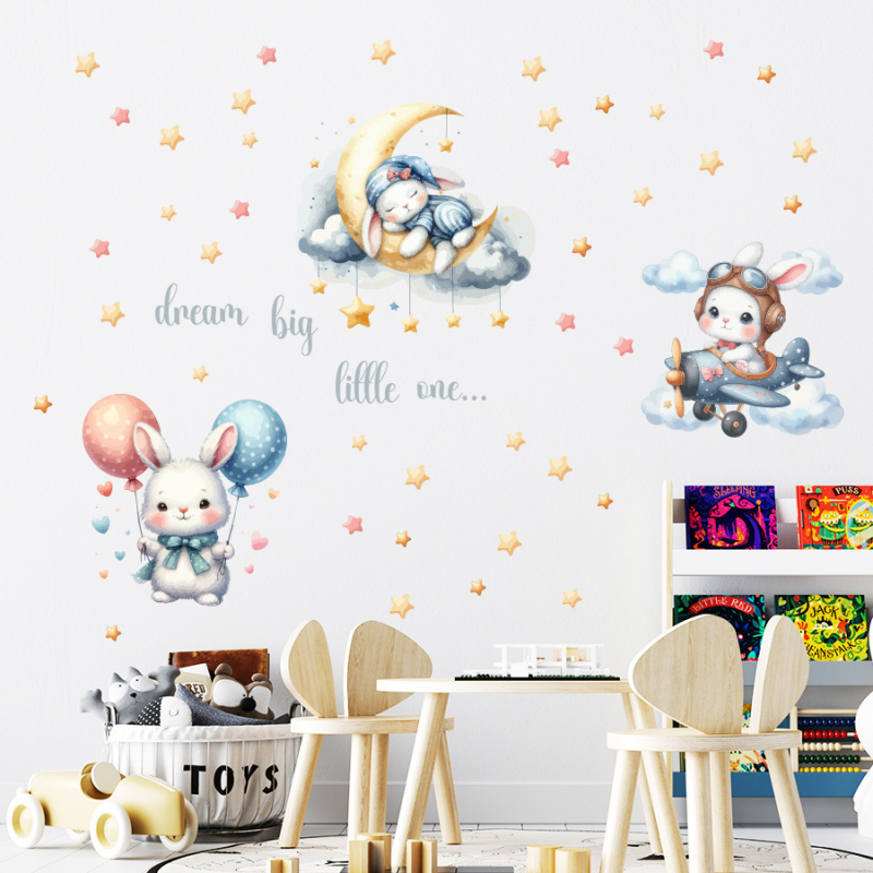 BR1142E Seina kleepuv dekoratiivne kleeps karikatuuride motiividega, armas jänku – beebitoa jaoks – PVC; Dekoratiivne eesmärk; Karikatuur muster; 1 tükk; Ruumid: elamine, magamistuba, sisenemine