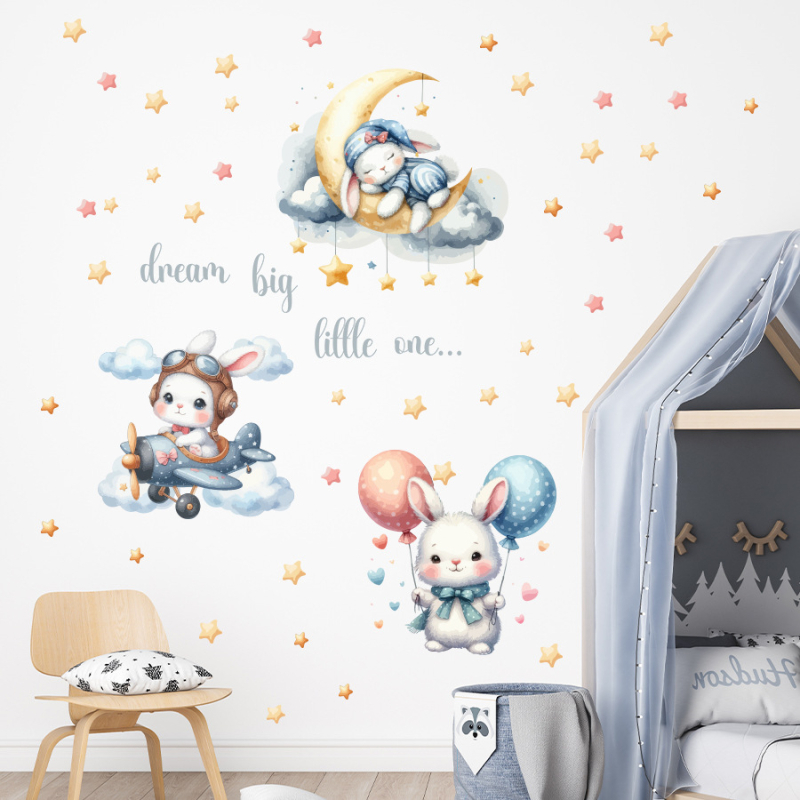 BR1142E Seina kleepuv dekoratiivne kleeps karikatuuride motiividega, armas jänku – beebitoa jaoks – PVC; Dekoratiivne eesmärk; Karikatuur muster; 1 tükk; Ruumid: elamine, magamistuba, sisenemine