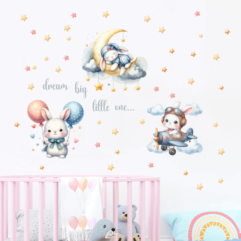 BR1142E Seina kleepuv dekoratiivne kleeps karikatuuride motiividega, armas jänku – beebitoa jaoks – PVC; Dekoratiivne eesmärk; Karikatuur muster; 1 tükk; Ruumid: elamine, magamistuba, sisenemine