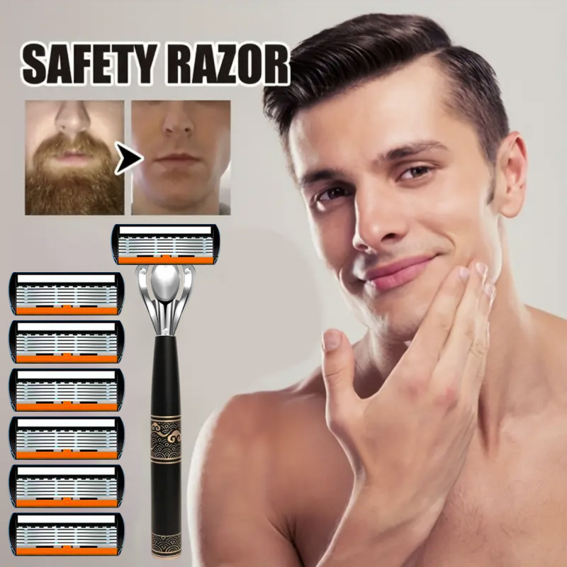 Meeste manuaalne habemenuga komplekt 6-kihilise teradega, vahetatavate teradega, libisemisvastane käepide, pilve muster