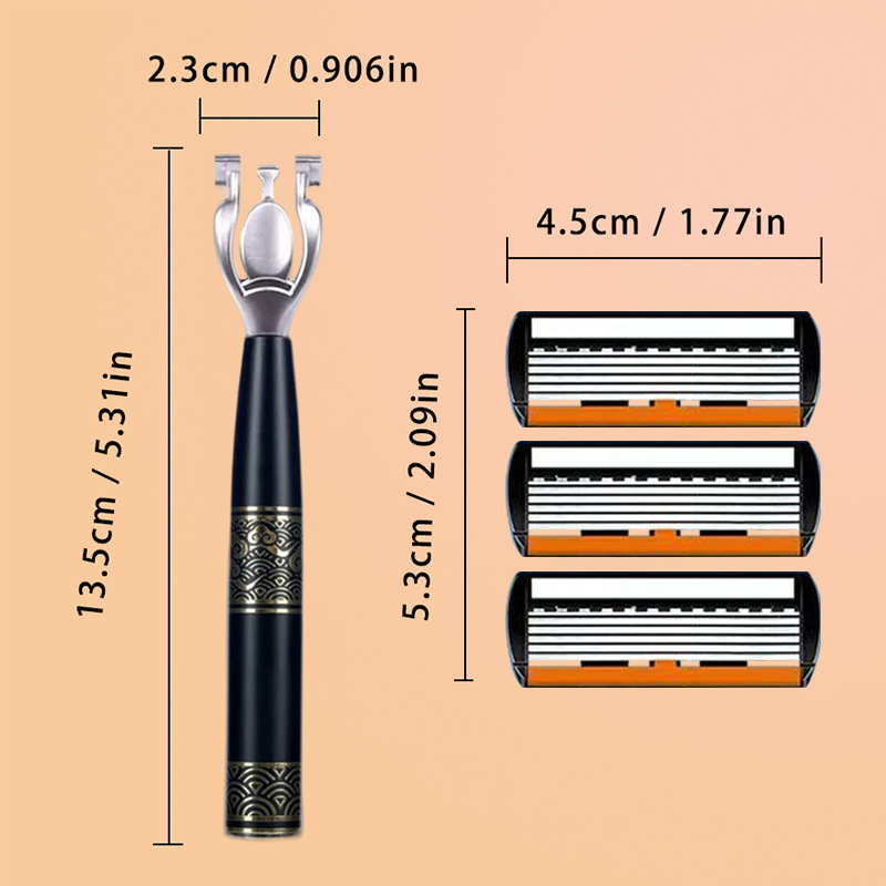 Meeste manuaalne habemenuga komplekt 6-kihilise teradega, vahetatavate teradega, libisemisvastane käepide, pilve muster