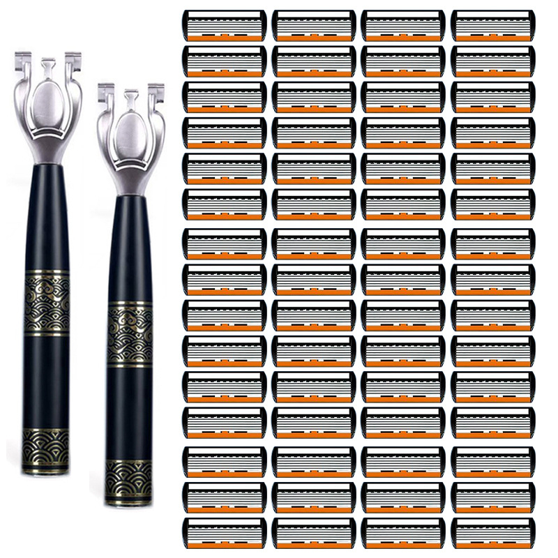 Meeste manuaalne habemenuga komplekt 6-kihilise teradega, vahetatavate teradega, libisemisvastane käepide, pilve muster