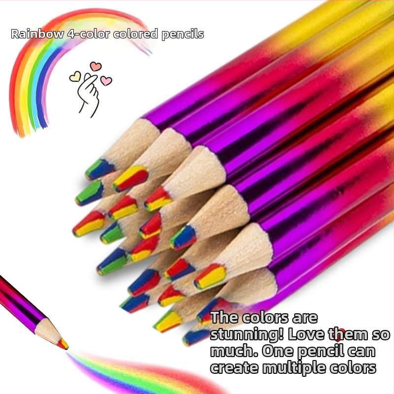 Värvilised pliiatsid puidust korpusega; Nelja värvi Rainbow komplekt; Materjal: esmaklassiline pehme puit; Korpus: puidust; Liikuv: Ei