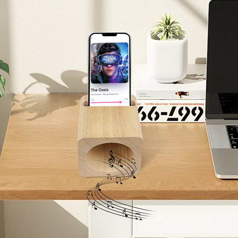 Ruutjooneline puidust telefoni kõlar ja lauaalus, bambuspuust, WIN WIN kaubamärk, kaasaegne minimalistlik stiil