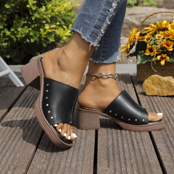 Naiste kõrge kontsaga avatud varbaga sandid, üks rihm, PU pealmine kiht, kummist talla, 2025. aasta suvi