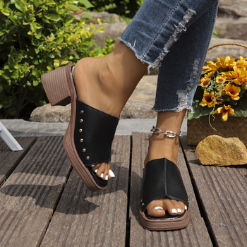 Naiste kõrge kontsaga avatud varbaga sandid, üks rihm, PU pealmine kiht, kummist talla, 2025. aasta suvi