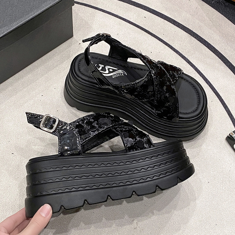 Platvormisandaalid pailettidega, 8 cm kanna, PU ülemine, ümmargune varvas, kummist tald, ühe joone klipsiga