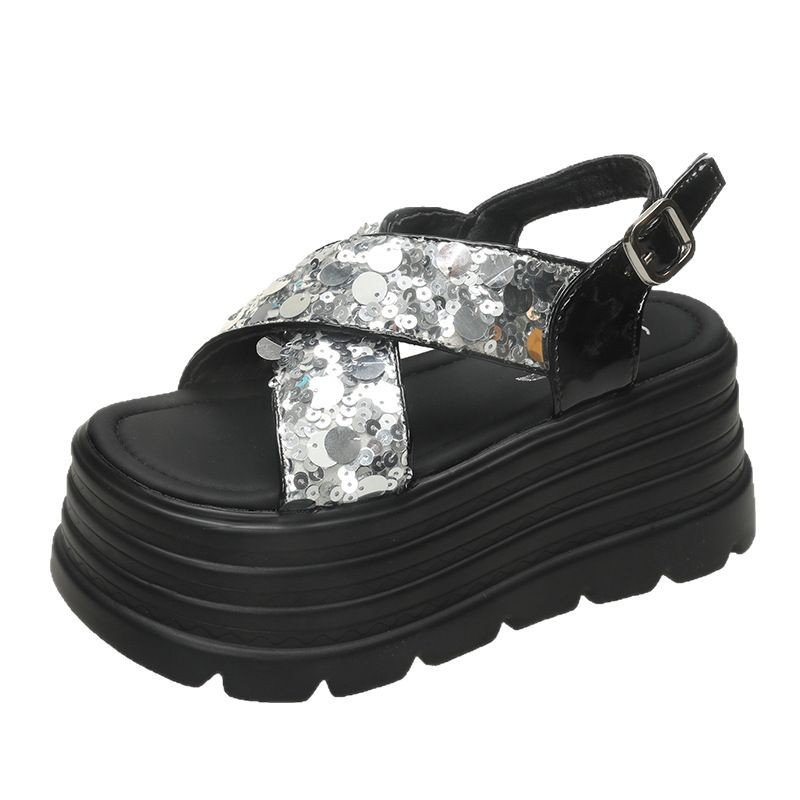 Platvormisandaalid pailettidega, 8 cm kanna, PU ülemine, ümmargune varvas, kummist tald, ühe joone klipsiga