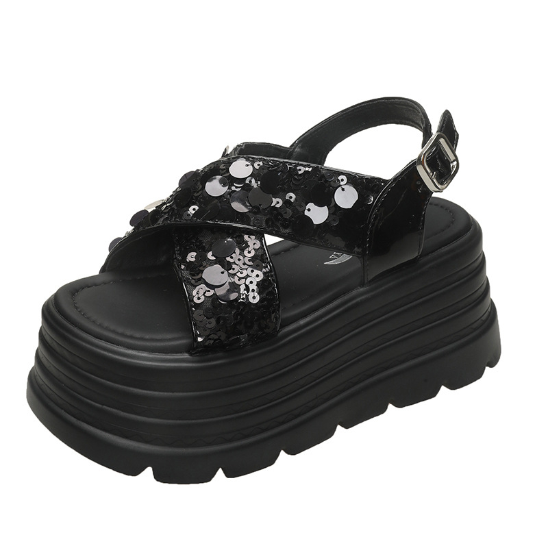 Platvormisandaalid pailettidega, 8 cm kanna, PU ülemine, ümmargune varvas, kummist tald, ühe joone klipsiga