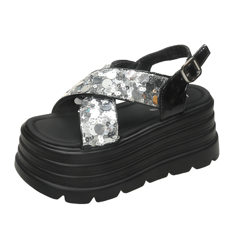 Platvormisandaalid pailettidega, 8 cm kanna, PU ülemine, ümmargune varvas, kummist tald, ühe joone klipsiga