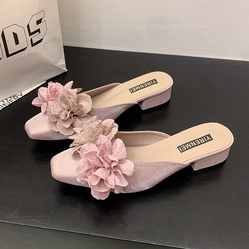 Naiste satiinist sandaalid lillemustriga, ruudukujulise ninaga, kummist talla, PU vooder, keskmise ploki kanna