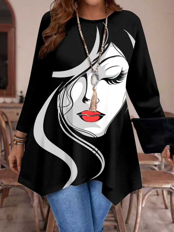 Naiste Avatar musteriga top, ümmargune kaelus, vaba lõige, pikkade käistega, keskmine pikkus 65–80 cm, polüester/elastaan