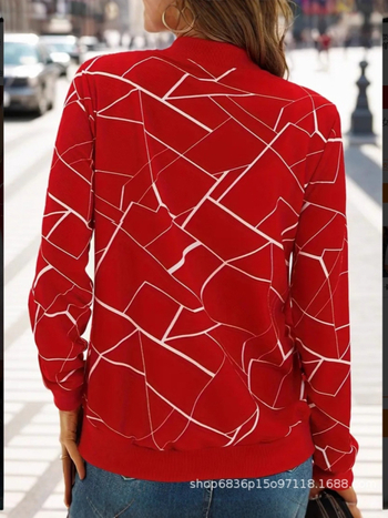 Naiste geomeetrilise mustriga pikkade varrukatega top, tõmblukuga sulgemine, polüester-spandexi segu, keskmine paksus, baseball krae, elegantne igapäevane stiil