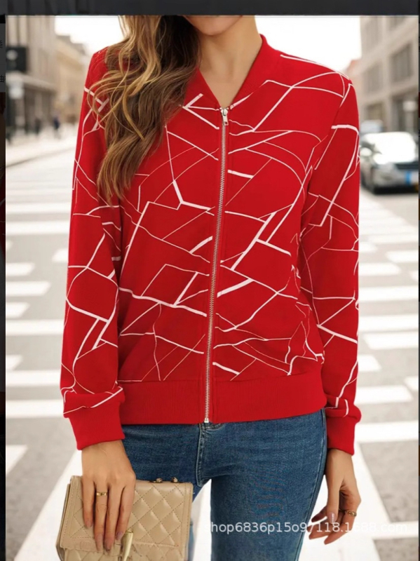 Naiste geomeetrilise mustriga pikkade varrukatega top, tõmblukuga sulgemine, polüester-spandexi segu, keskmine paksus, baseball krae, elegantne igapäevane stiil